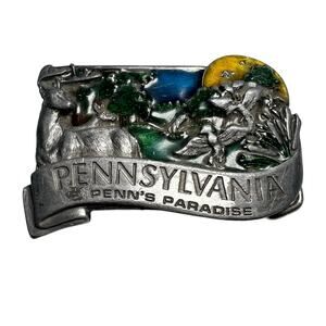 Vintage 80s Bergamot Belt Buckle Enamel Penns Paradise Pennsylvania Hunting